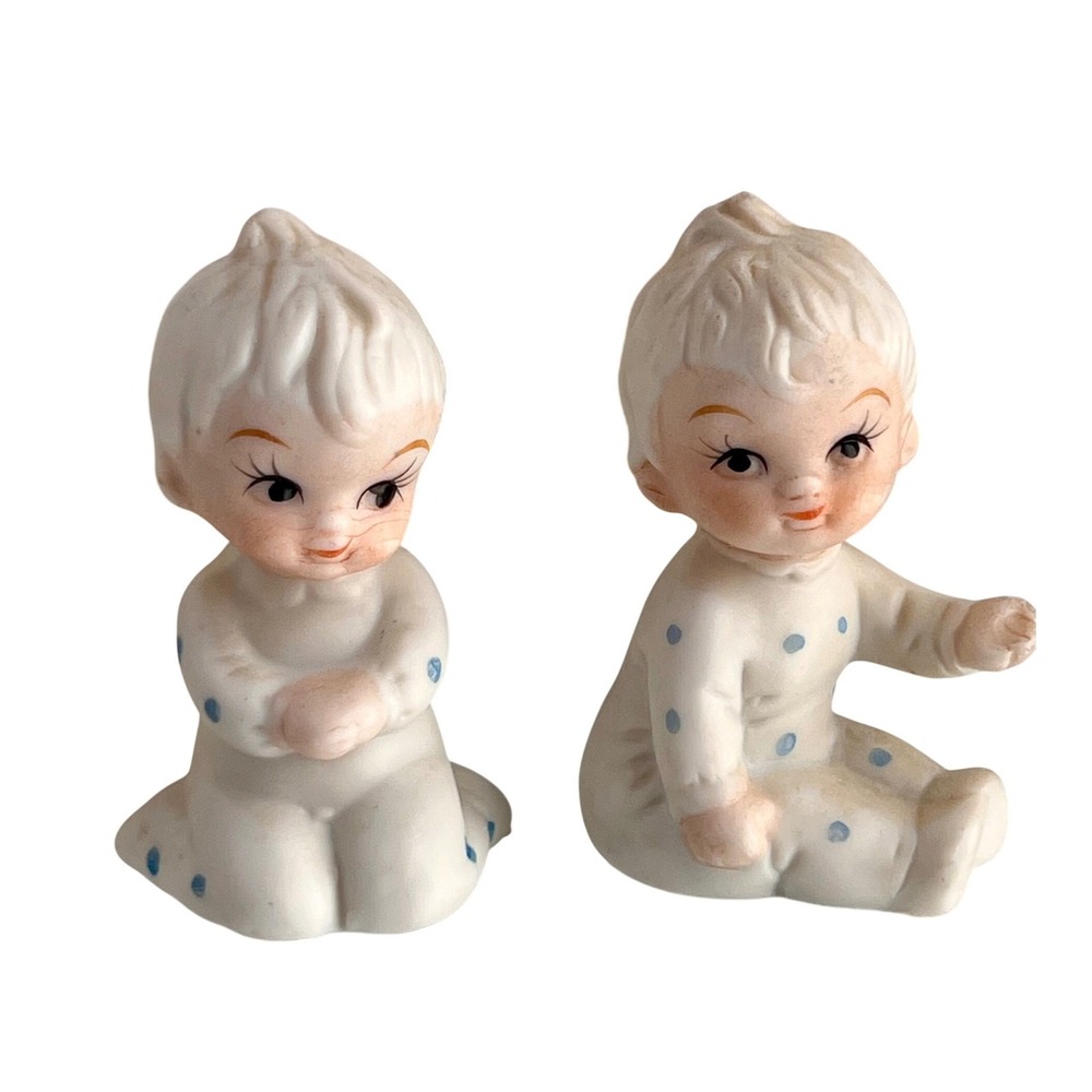 Baby Figurines 1950s Ceramic Polka Dot‎ Kitsch Nursery Decor Set of 2 Vintage